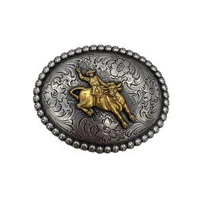 Vintage Western Belt Buckle Rodeo Cowboy Bull Rider Floral 4"x3" Two-Tone Design